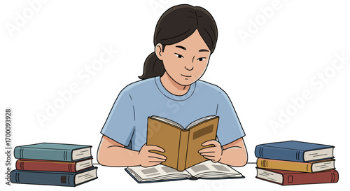 Young person reading books at a desk surrounded by stacks of literature focused on learning and knowledge acquisition