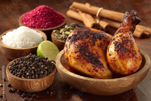 Wallpaper Mural On a rustic wooden table, a spicy chicken dish is presented with a side of rice and lime Torontodigital.ca