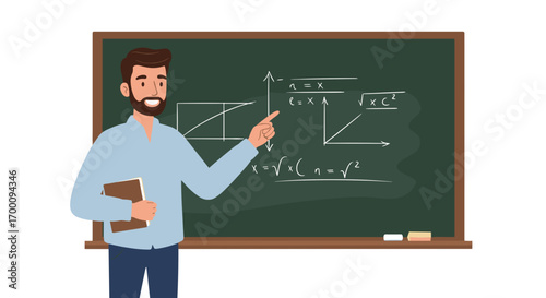 Enthusiastic Male Teacher Explaining Mathematical Formulas on a Chalkboard in a Classroom Setting