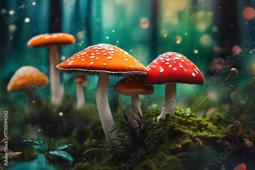 Wallpaper Mural Mushrooms in the forest. Beautiful nature scene with mushrooms. Enchanted Autumn Forest Mushrooms and Flowers. Torontodigital.ca