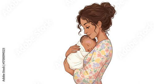 Tender Loving Care Mother Embraces Newborn Baby Swaddled in Blanket Isolated on White Background