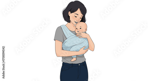 Happy mother embracing her cute baby in a soft sling isolated on white background