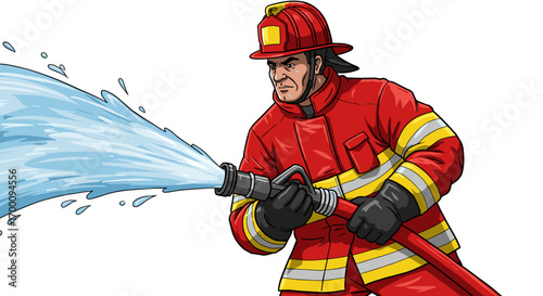 Firefighter in full gear spraying water from hose with determined expression isolated on white background