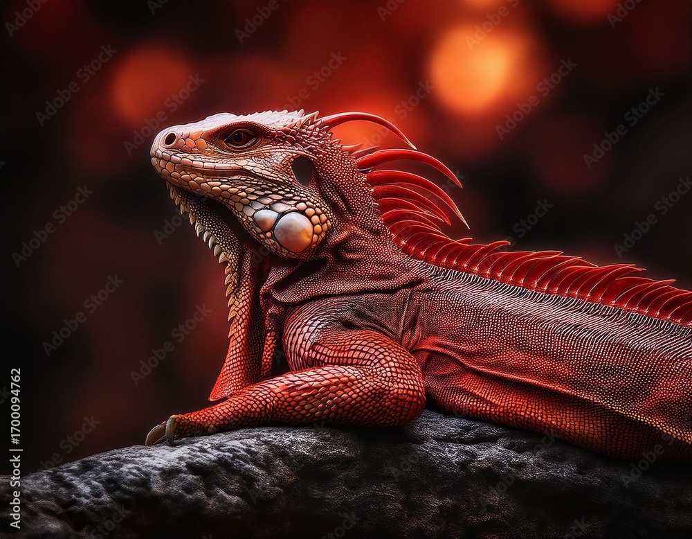 Fototapeta premium a captivating red dragon is shown in a resting position its fiery gaze and intricate scales highlighting its majestic presence in a dark and foreboding atmosphere