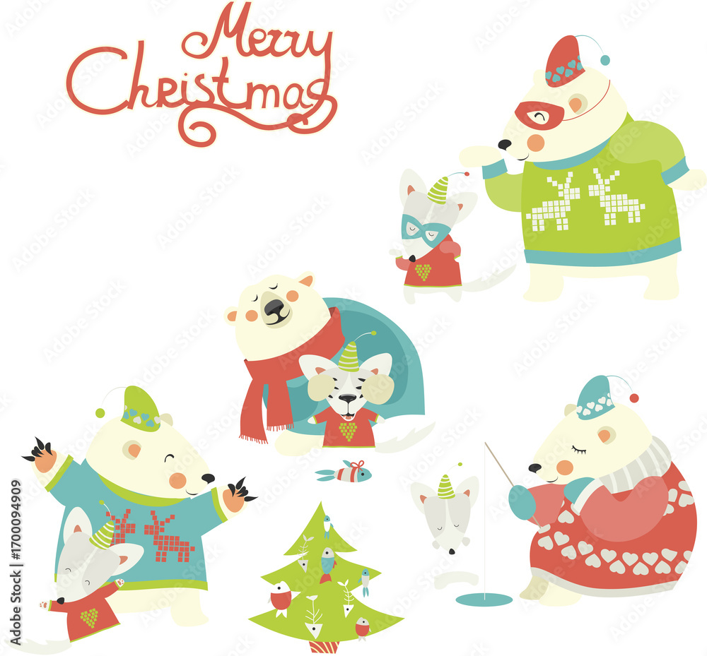 Fototapeta premium Set of cute polar bear and funny arctic fox. Vector illustration