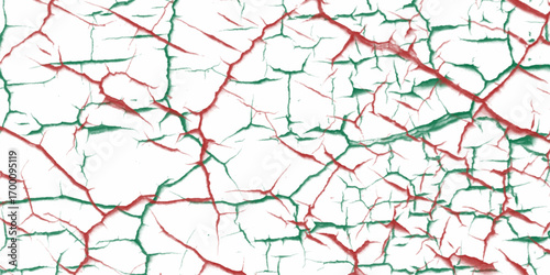 A red, green and white vintage of a cracked wall, cracked red paint on a white background, White and red patterned natural details textured background for interior Home Decoration or product design