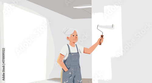 Elderly Woman Painting Interior Walls White With Roller Improving Home Renovation Project