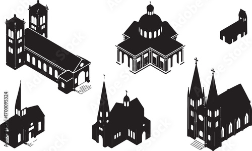 Isometric Church Collection Vector Illustration with Various Styles and Shapes
