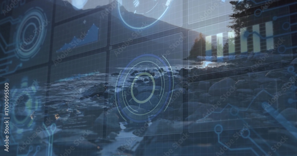 Obraz premium Displaying translucent interface overlay over rocky shoreline at sunset, with HUDs and line charts