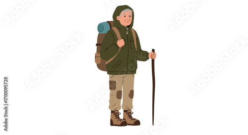 Experienced elderly hiker with backpack and walking stick ready for outdoor adventure isolated on white background