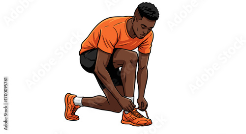 Athletic Black Man Kneeling Tying Orange Shoelaces On Running Shoes Isolated On White Background