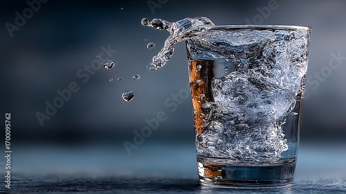 the image captures the dynamic movement of liquid inside and around a short, transparent glass. bubbles are dispersed throughout the liquid, indicating agitation within the glass