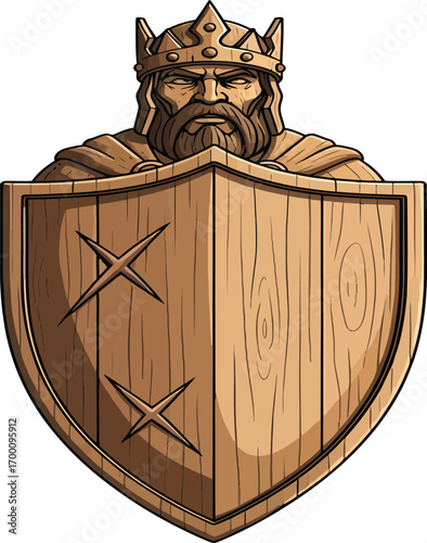 Vector, illustration, wooden war shield and king character, poster, background, logo