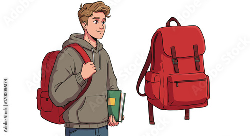 Young student with backpack and red rucksack on white background conceptual illustration for education and travel