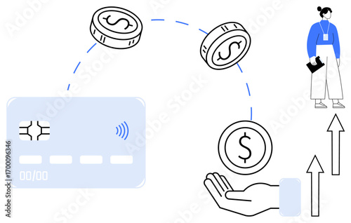 Credit card sending coins to a hand, upward arrows indicating financial growth, a person observing. Ideal for finance, banking, cashless economy, investment, e-commerce, fintech modern banking