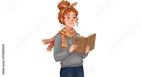 Whimsical Cartoon Girl with Tousled Hair and Scarf Reading an Old Book Isolated on White Background
