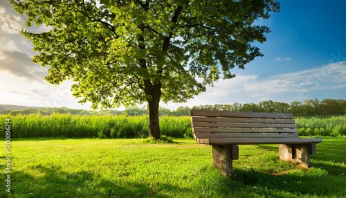 a tranquil scene featuring a wooden bench placed beneath a vibrant green tree surrounded by lush grass