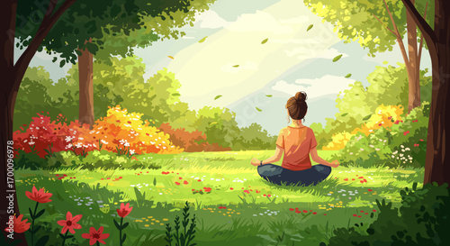 Woman Meditating Peaceful Forest Meadow Serene Nature Calm Mindfulness Zen Relaxation Outdoors