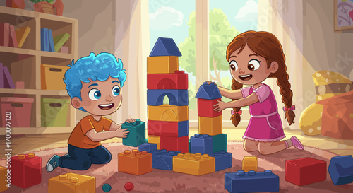 Two smiling children building a colorful tall tower with toy blocks together in a bright room