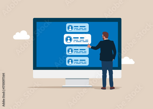 Good review with phone, positive feedback, good reputation, high ratings. Client give feedback. Businessman with laptop send comment on forum, chat. Modern vector illustration in flat style