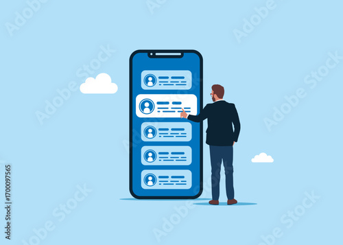 Good review with phone, positive feedback, good reputation, high ratings. Client give feedback. Businessman with smartphone send comment on forum, chat. Modern vector illustration in flat style