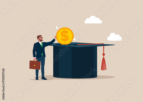 Businessman paying for his education making a dollar coin deposit in graduation cap. Tuition fees, scholarship. MBA. Flat vector illustration