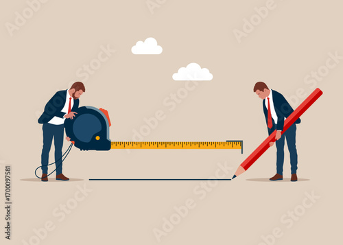 Businessmen hold measure tape and pencil. Precision and accuracy in measurements and calculations. Flat vector illustration