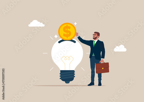 Businessman hold money coin put saving bank light bulb. Modern vector illustration in flat style. 