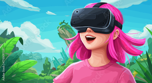 Young Woman Experiencing Virtual Reality in a Lush Fantasy World