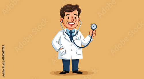 Cartoon Doctor Holding Stethoscope Wearing White Coat Ready for Medical Examination