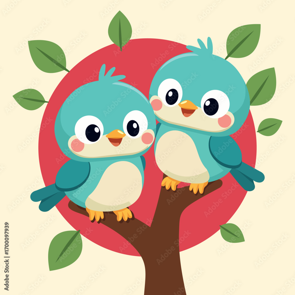 Obraz premium Adorable Cartoon Blue Birds Sitting Together on Tree Branch Vector Illustration