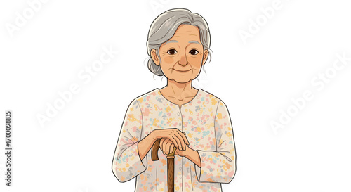Smiling elderly woman with gray hair holding a cane standing in a light patterned top