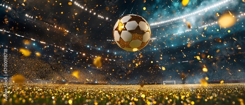 A dynamic scene of a soccer ball soaring through a vibrant stadium filled with golden confetti and bright lights, symbolizing the excitement and energy of sports events.