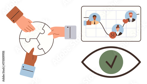 Hands assembling puzzle parts, chart with team progress icons and emotions, eye with a check mark. Ideal for teamwork, collaboration, leadership, decision-making, analysis, problem-solving simple