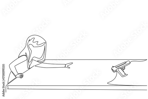A young girl reaching for a gun placed on a table is shown in continuous line drawing style. This safety concept illustrates the dangers of unsafe storage, reflecting National SAFE Day awareness.