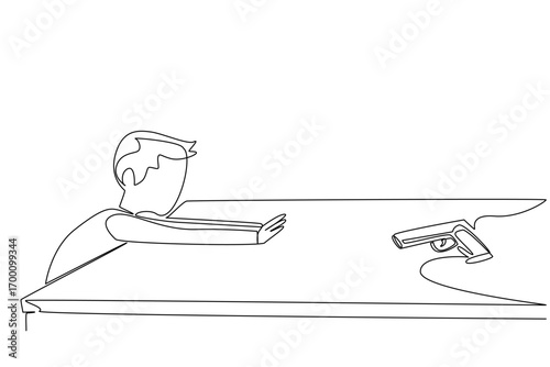 A young boy reaching for a firearm on a table is illustrated in one line drawing style. This National SAFE Day safety concept warns of risks, promoting secure storage and protection awareness.