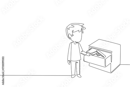 A young boy standing by a drawer, discovering a firearm inside, depicted in a single line drawing style. This safety concept highlights National SAFE Day, emphasizing child protection awareness.