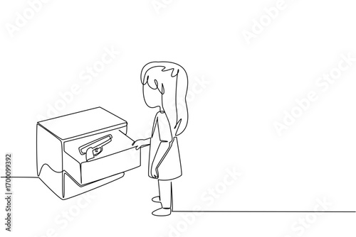 A young girl opening a drawer to discover a firearm is illustrated in continuous line drawing style. This design highlights National SAFE Day, raising awareness about safe storage and child protection