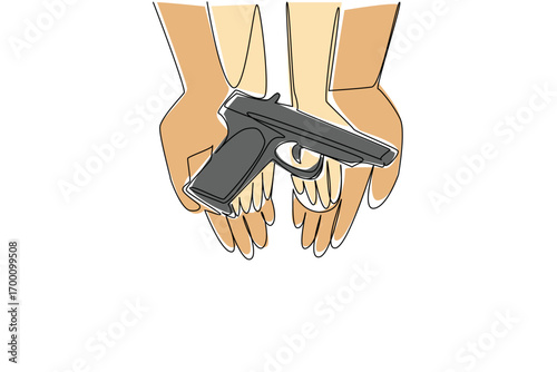 Minimalist continuous line drawing for National SAFE Day, featuring father and son hands holding a gun together, representing safety responsibility, awareness, firearm control, and family protection.