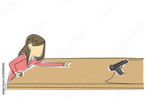National SAFE Day health concept in single line drawing style depicting a young girl reaching for a gun on a table, warning about children safety, firearm danger, prevention, and awareness.