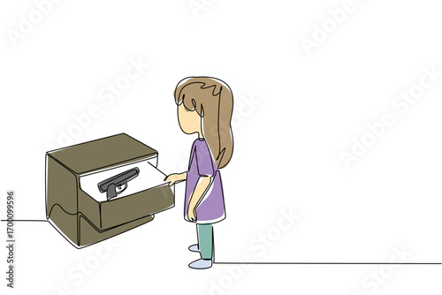 National SAFE Day concept in single line drawing style showing a young girl discovering a gun in a drawer, symbolizing firearm safety awareness, children protection, and family education.