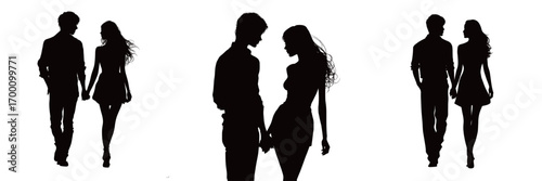 Wallpaper Mural Two couples are shown in silhouette, enjoying a leisurely walk hand in hand. The background hints at a warm, romantic sunset casting soft light. Torontodigital.ca