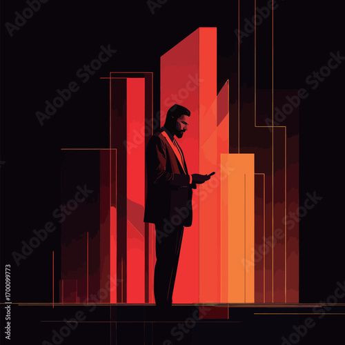 A person dressed in formal attire stands against a backdrop of vibrant red and orange skyscrapers, engaging with a smartphone. The urban atmosphere feels modern and dynamic.