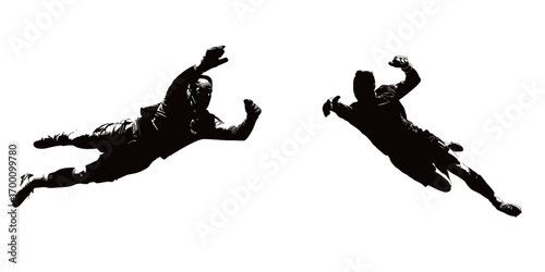 Two athletes leap high in the air, showcasing their agility and strength in a competitive sports event with vibrant background lighting.