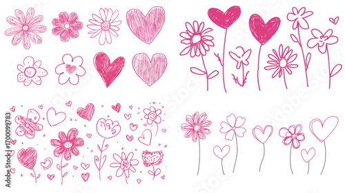 Various stylized flowers and hearts are arranged in a playful pattern, showcasing vibrant pink shades ideal for decoration or craft projects inspired by love and nature.