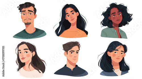 Six distinct illustrated portraits display a range of characters with unique hairstyles and expressions.