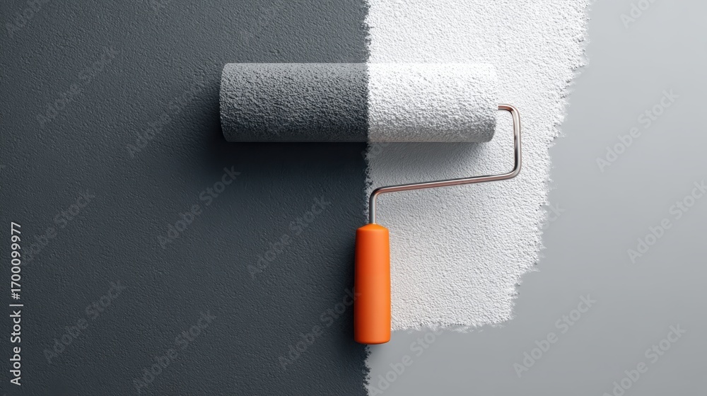 Obraz premium Paint roller transforming dark grey wall to white, symbolizing renovation and positive change in home improvement process