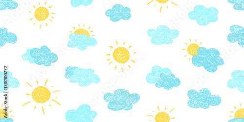 Crayon icons of weather, clouds, sun in sky. Seamless pattern with doodle clouds and solar objects in chalk texture. Cute summer weather background drawn with crayon pencils, kid vector illustration