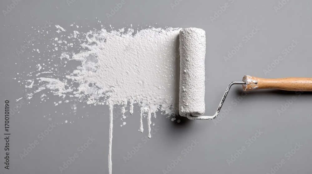 Obraz premium Paint roller spreading white paint across gray wall, producing drips and splatters during home renovation work