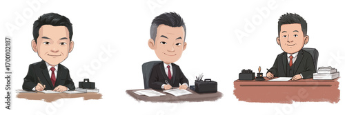 Two cartoon characters dressed in suits are working at desks. Each is focused on paperwork with office supplies around them, showcasing their professionalism.
